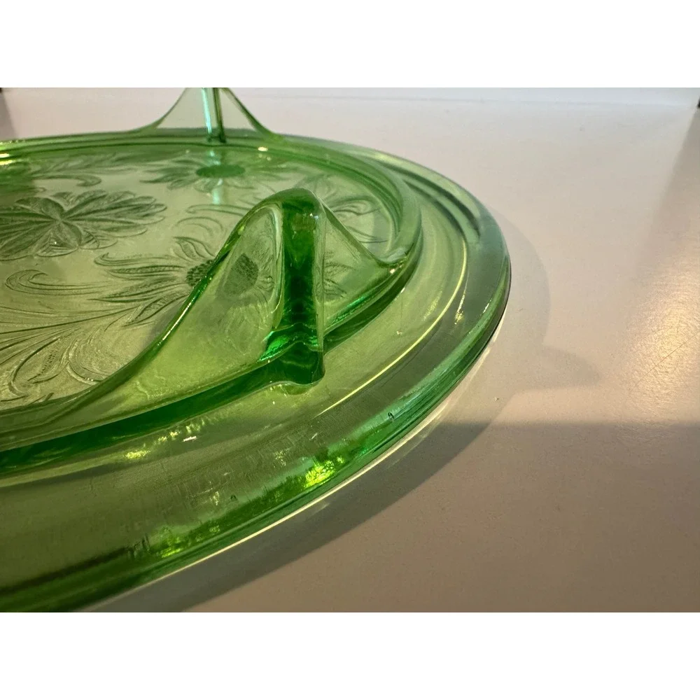 Vintage Uranium Depression Glass Cake Plate Floral Pattern Footed Glows Under UV